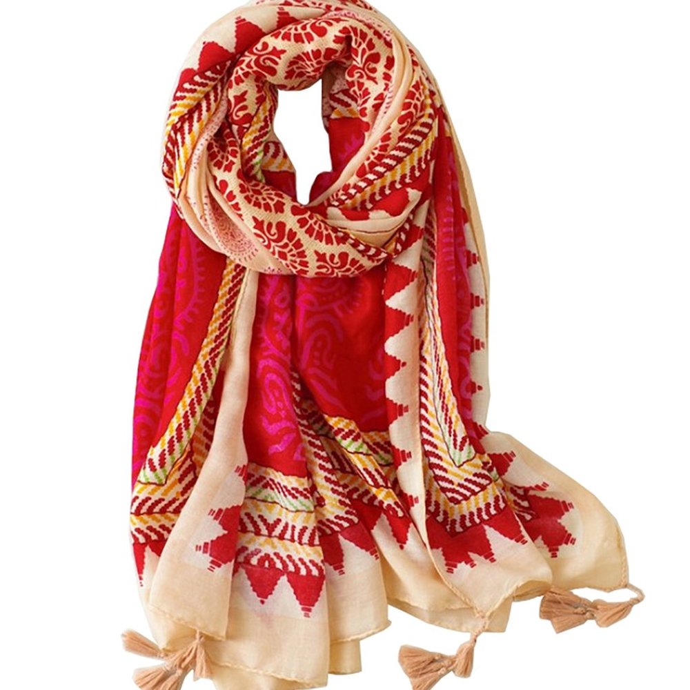Damask Paisley Print Red & Beige Cotton Wrap Scarf